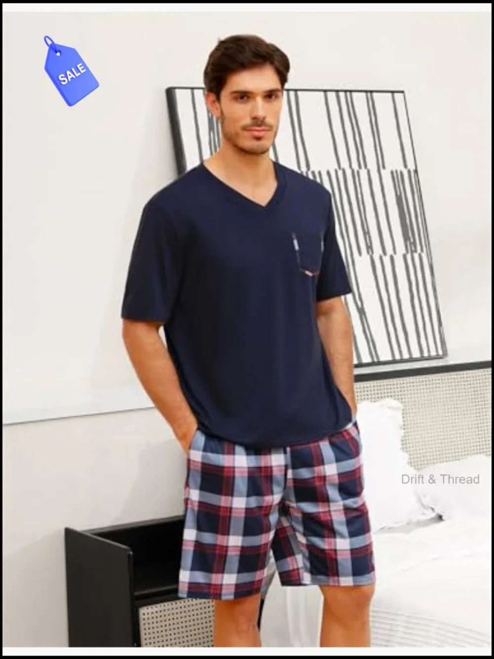 Men's 2-Piece Cotton Pajama Set Short Sleeve Lounge Set with Shorts